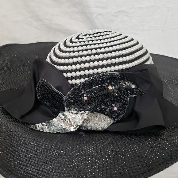 Vintage Whittall & Shon Cartwheel Style Hat Black Faux Pearls on Crown Derby